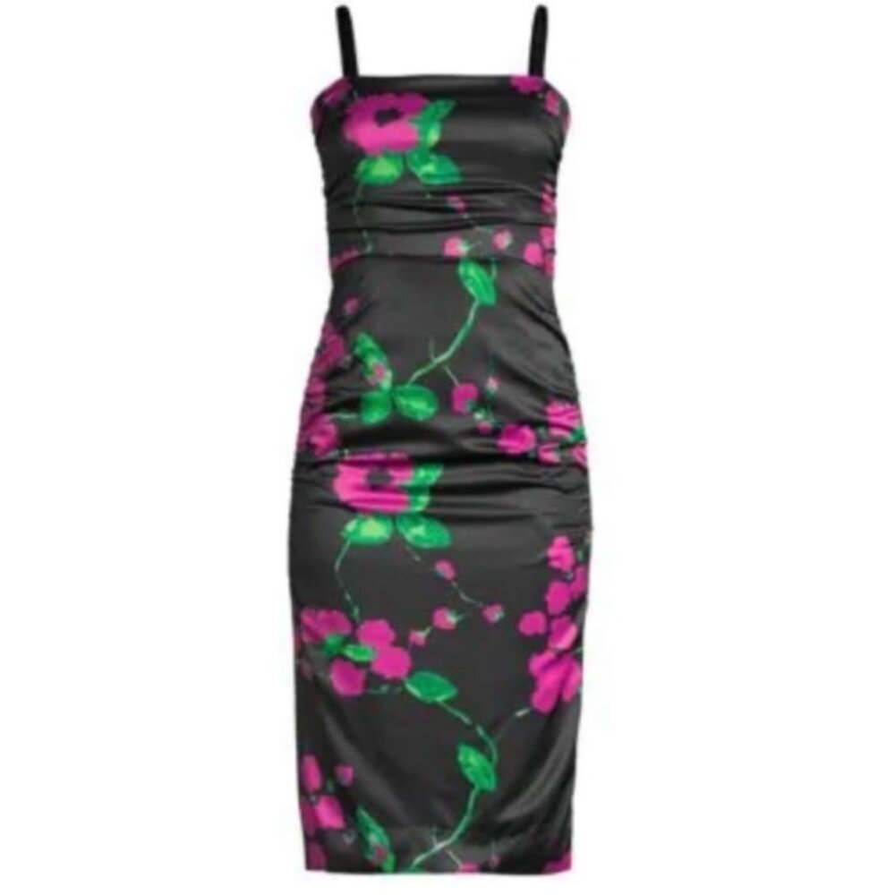MILLY black Dayna floral ruched stretch satin sheath dress NWT $375 10